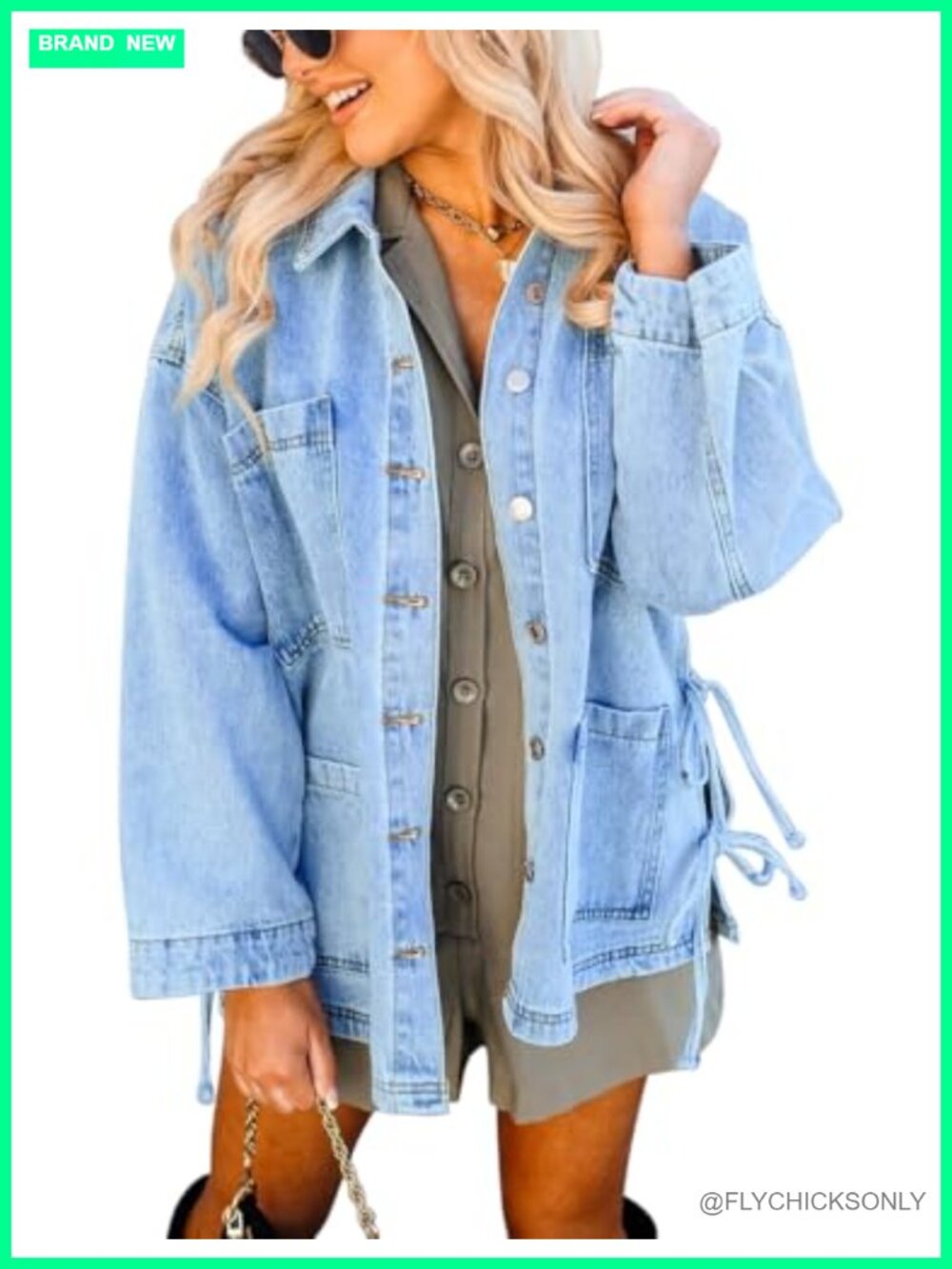 Oversized Denim Jacket Side Tie Bow Button Down 4 Pockets Cotton
